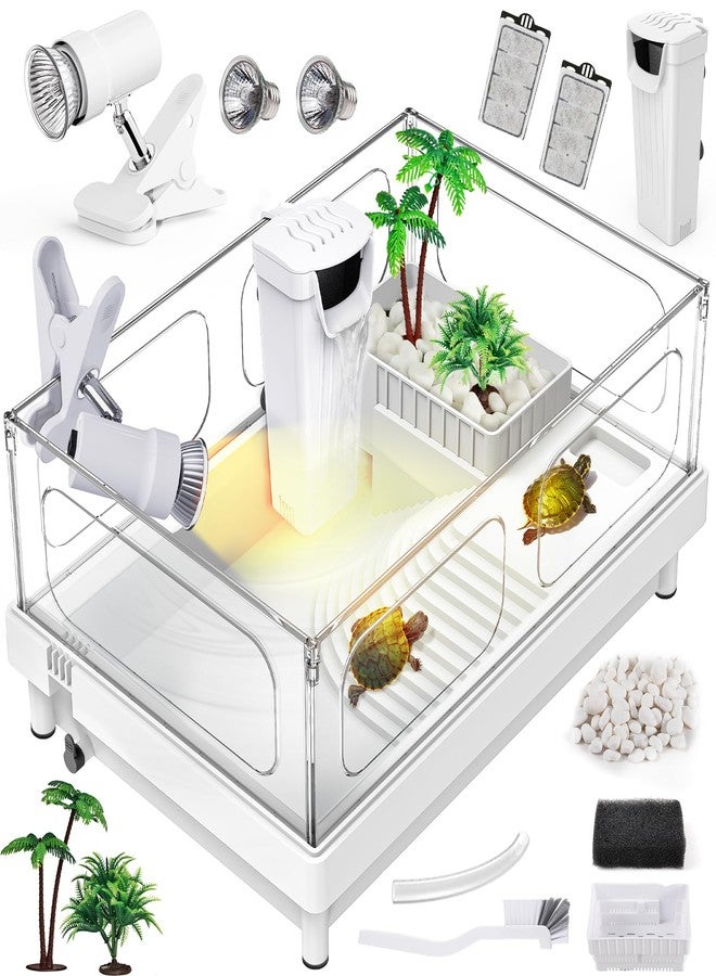 MoonOrange Small Turtle Tank Kit(Tank+Light+Filter), Acrylic Turtle Tank Starter Kit with Bask Platform, Bottom Drain, Multi-Function Area for Small Reptiles.(White) - Image 1